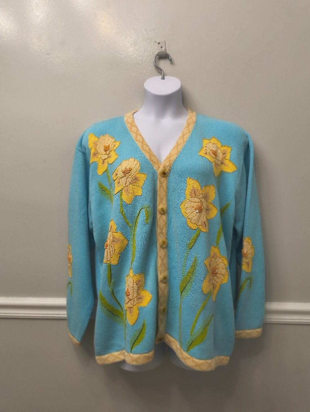 Vtg Storybook Knits Embroidered Yellow Daffodil Cardigan Sweater Blue Yellow 2X